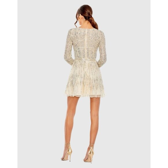 Mac Duggal Size 8 5923 Nude Silver Long Sleeve Embellished Cocktail Dress $498 - Picture 3 of 16
